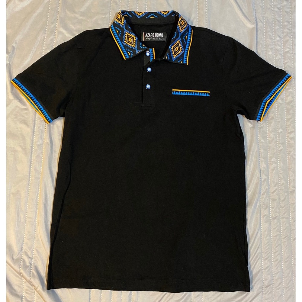 Azaro Uomo Mens Black‎ Geometric Tribal Print Polo Shirt Small Short Sleeve
